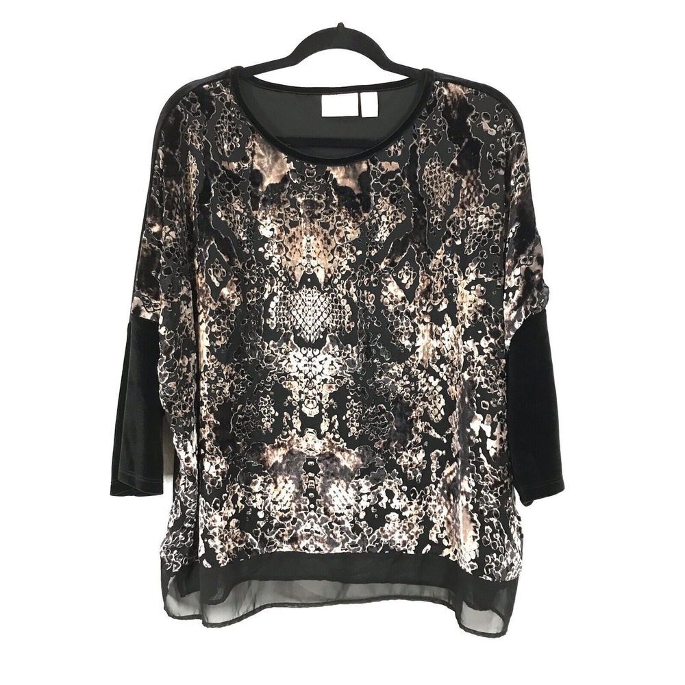 Chico's Womens Black Mix Media Velour Top Size 3 Layered 3/4 Sleeve Print Blouse